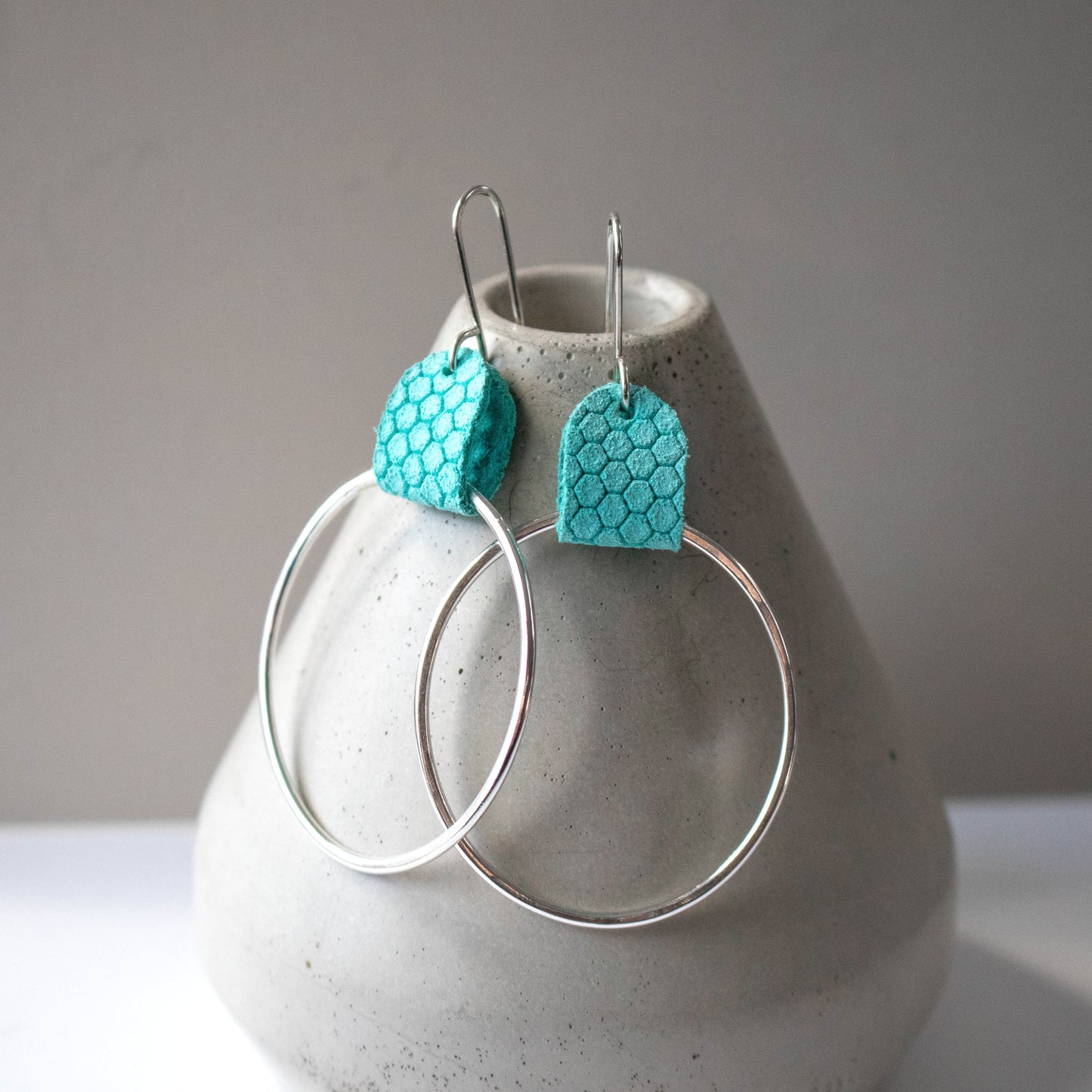 Turquoise Leather Honeycomb Sterling Hoop Earrings-Womens-LittleGreenRoomJewelry-LittleGreenRoomJewelry