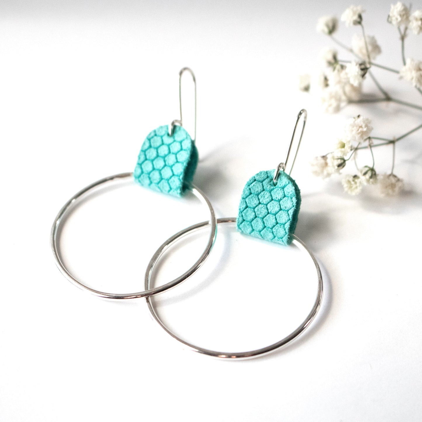 Turquoise Leather Honeycomb Sterling Hoop Earrings-Womens-LittleGreenRoomJewelry-LittleGreenRoomJewelry