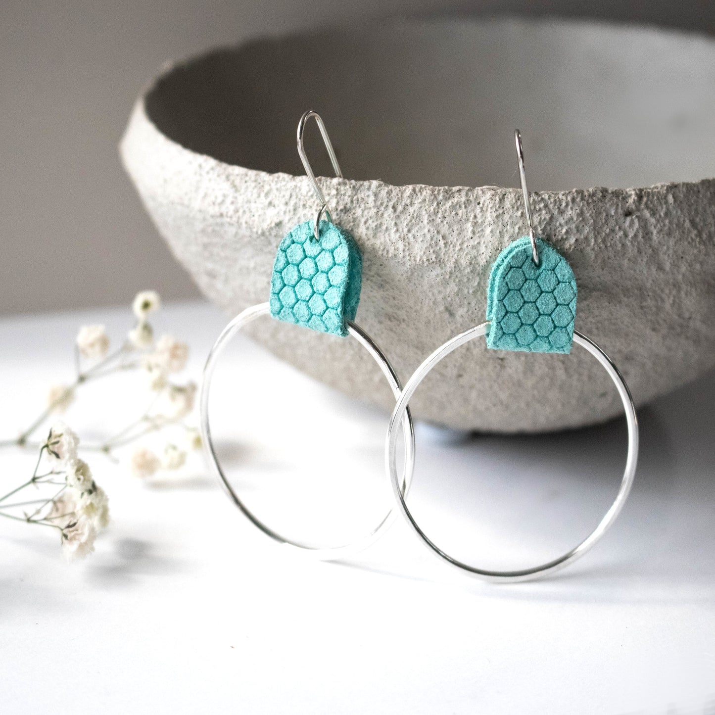 Turquoise Leather Honeycomb Sterling Hoop Earrings-Womens-LittleGreenRoomJewelry-LittleGreenRoomJewelry