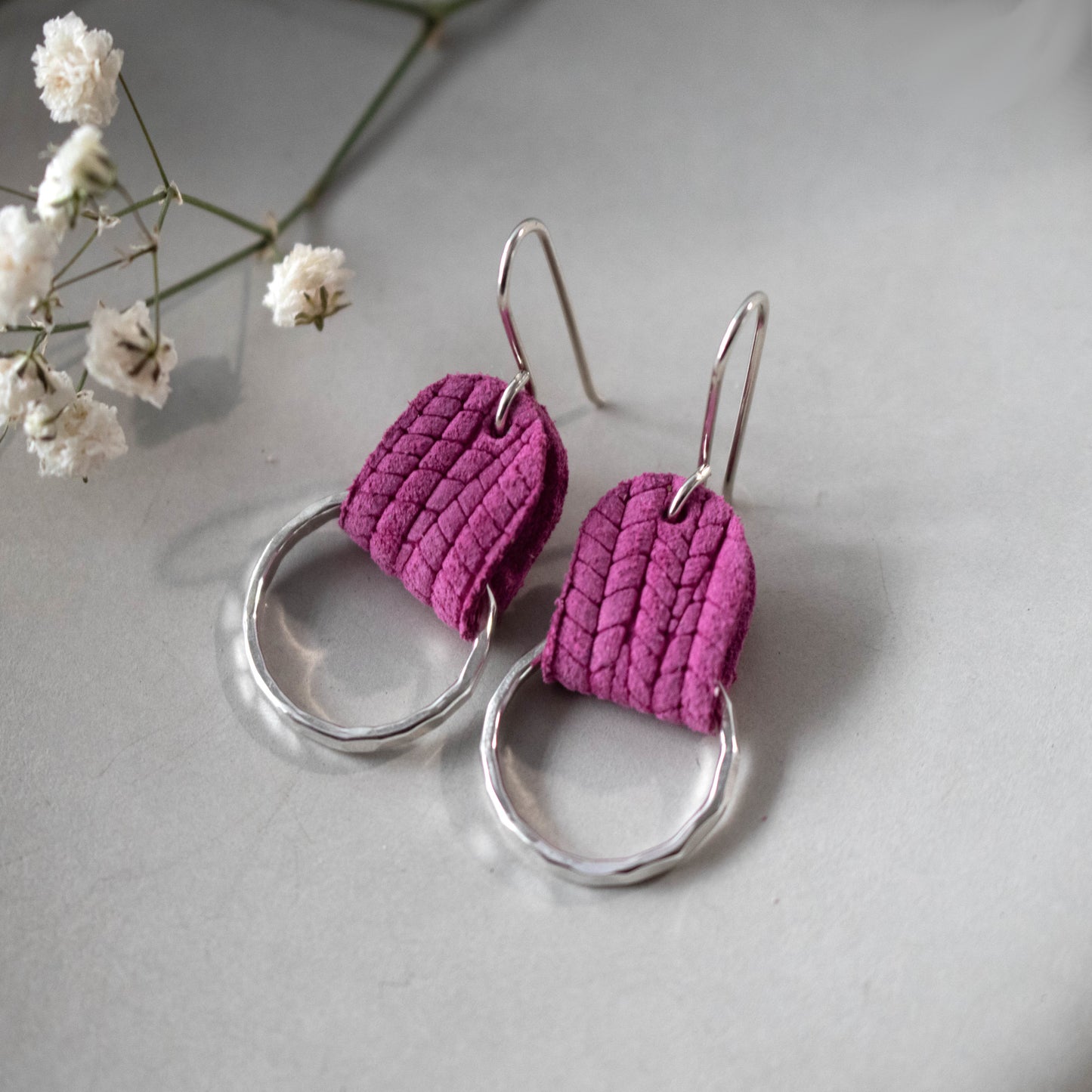 Magenta Pink Leather Sterling Hammered Hoop Earrings-Womens-LittleGreenRoomJewelry-LittleGreenRoomJewelry