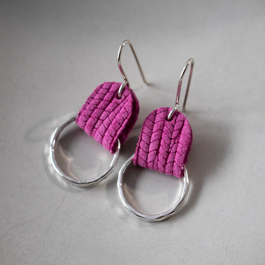 Magenta Pink Leather Sterling Hammered Hoop Earrings-Womens-LittleGreenRoomJewelry-LittleGreenRoomJewelry