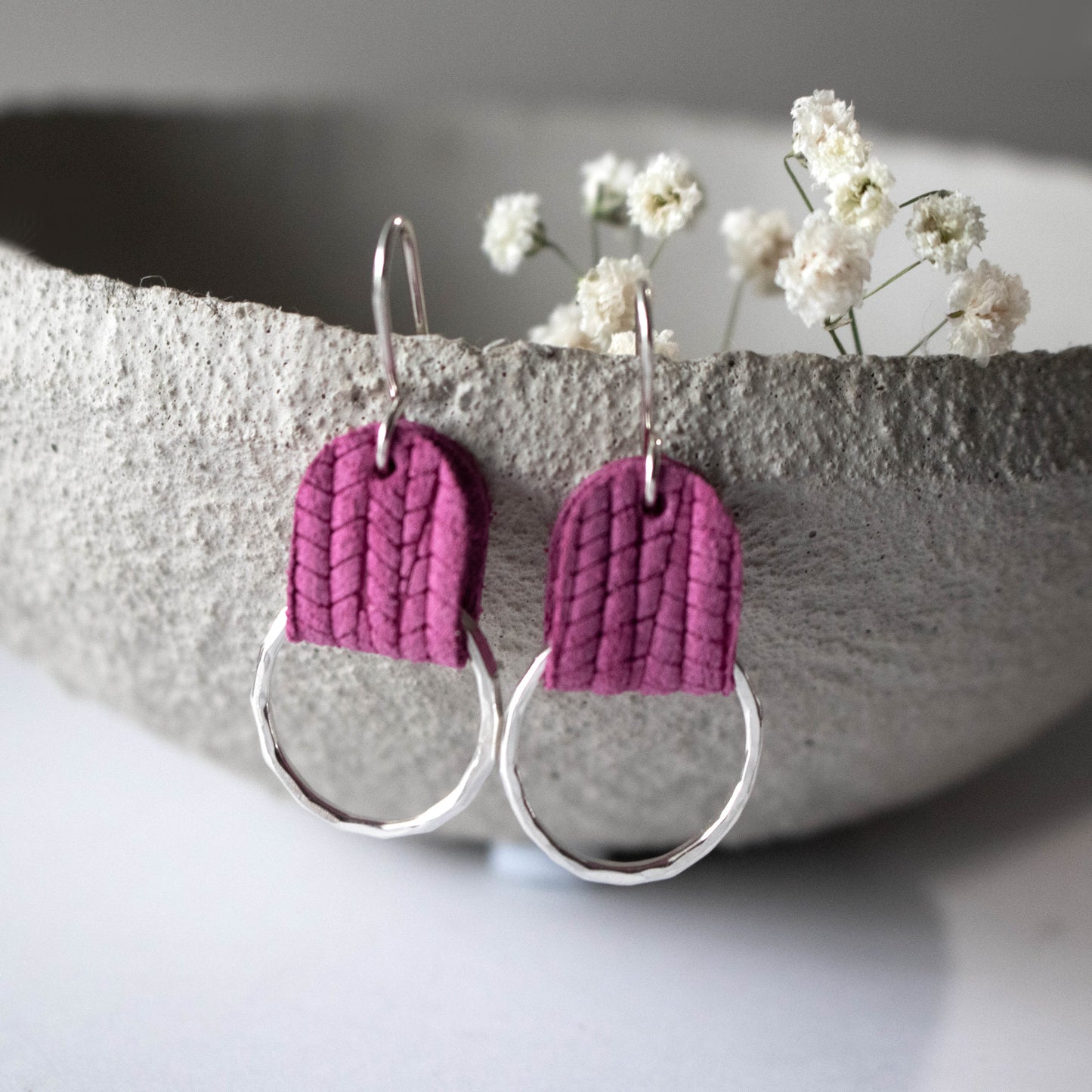 Magenta Pink Leather Sterling Hammered Hoop Earrings-Womens-LittleGreenRoomJewelry-LittleGreenRoomJewelry