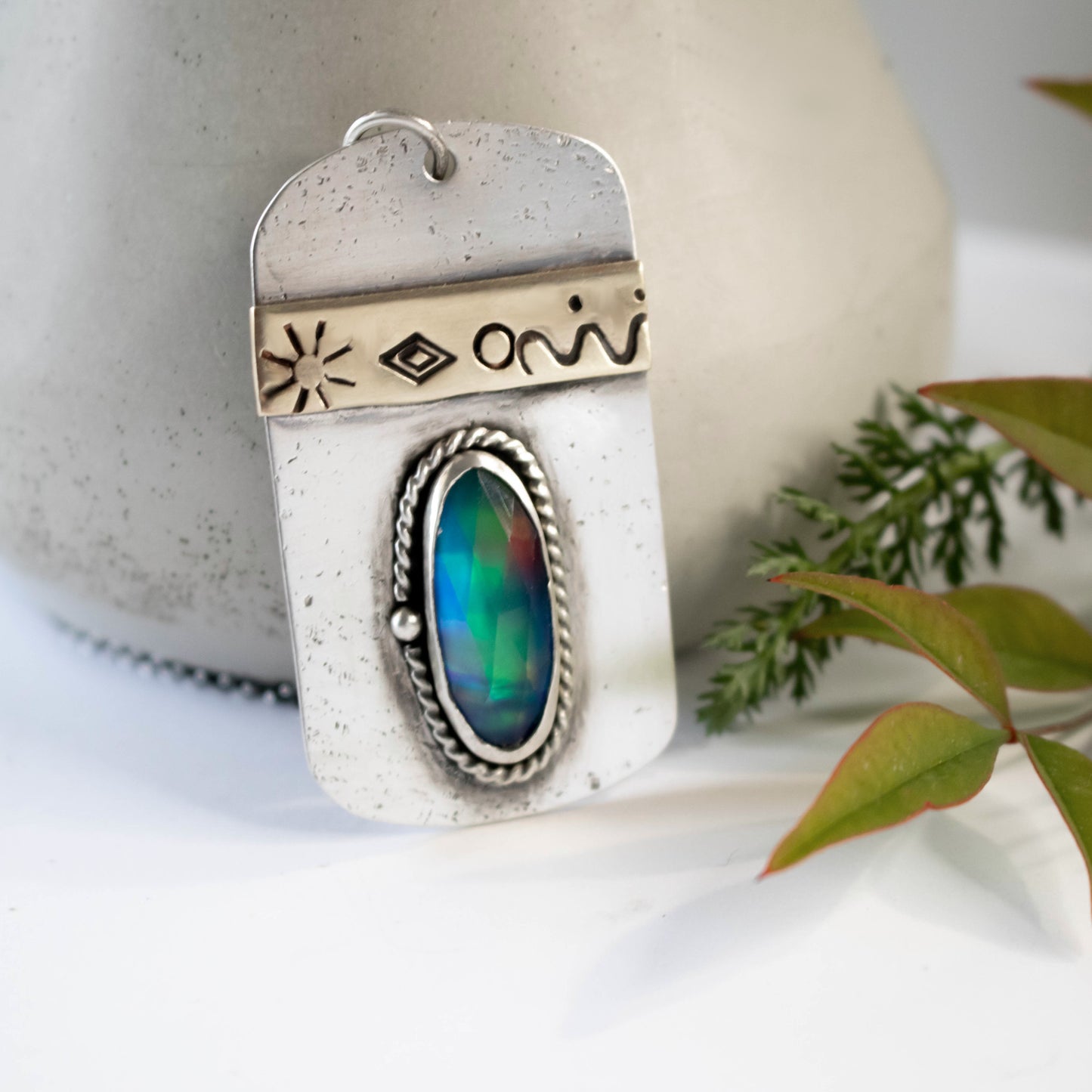 Aurora Opal Dog Tag Necklace-Womens-LittleGreenRoomJewelry-LittleGreenRoomJewelry