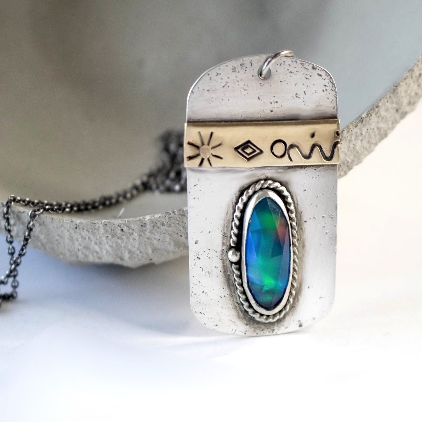Aurora Opal Dog Tag Necklace-Womens-LittleGreenRoomJewelry-LittleGreenRoomJewelry