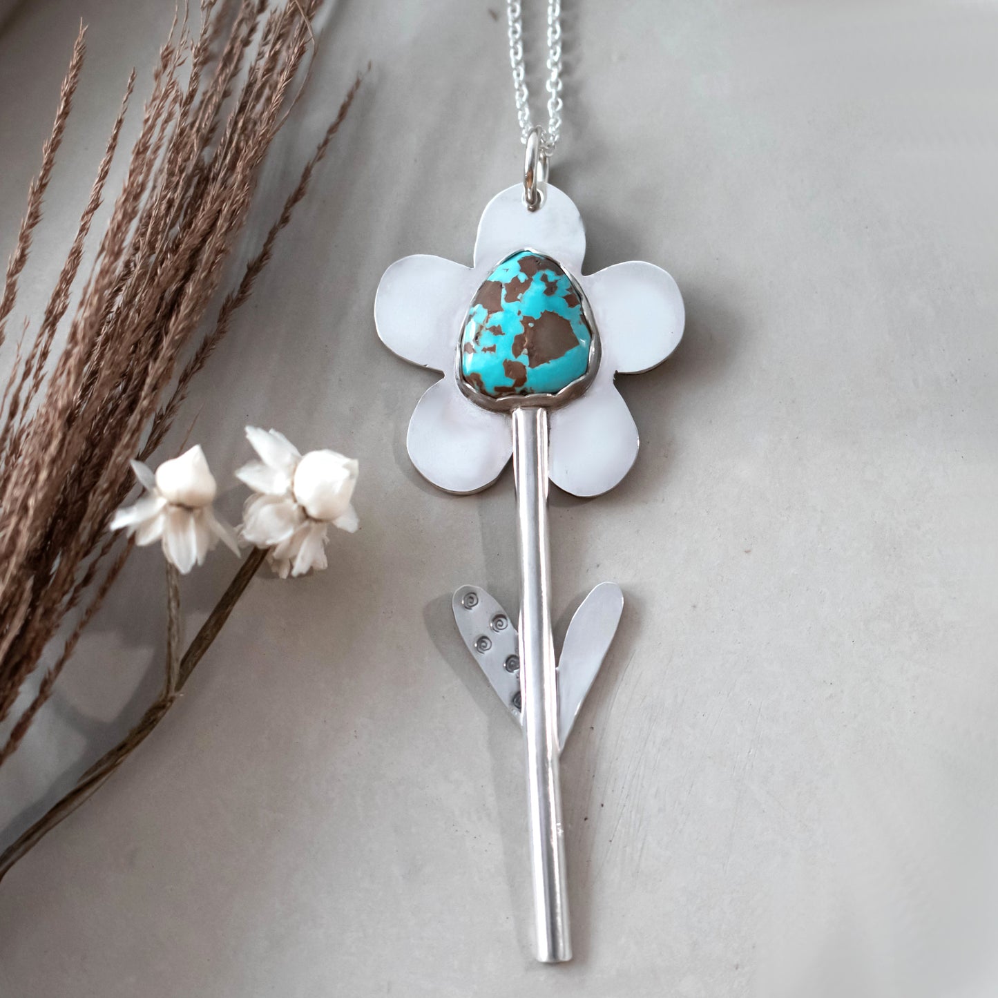 Sterling Silver Spring Flower Necklace With Pilot Mountain Turquoise Stone-Womens-LittleGreenRoomJewelry-LittleGreenRoomJewelry