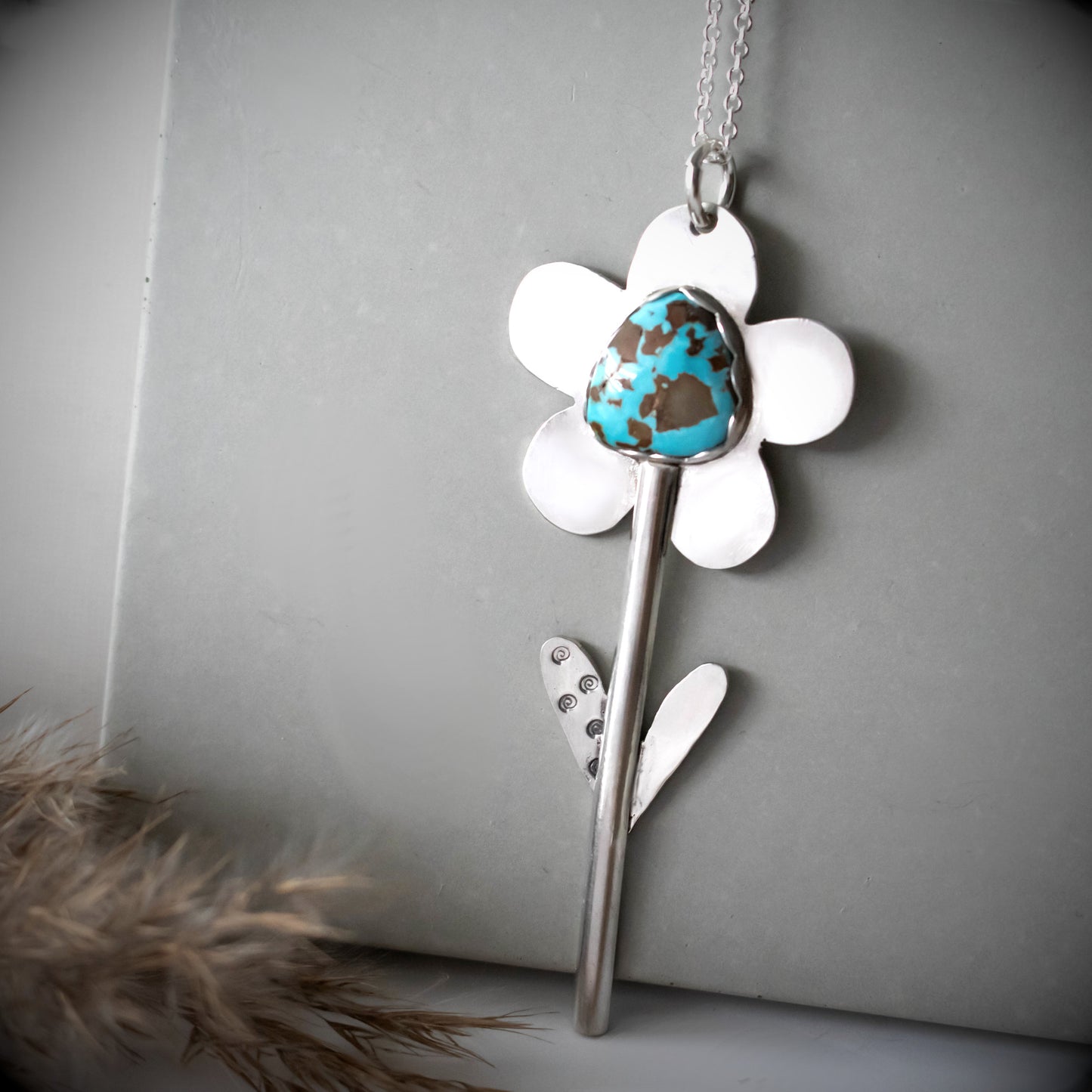 Sterling Silver Spring Flower Necklace With Pilot Mountain Turquoise Stone-Womens-LittleGreenRoomJewelry-LittleGreenRoomJewelry