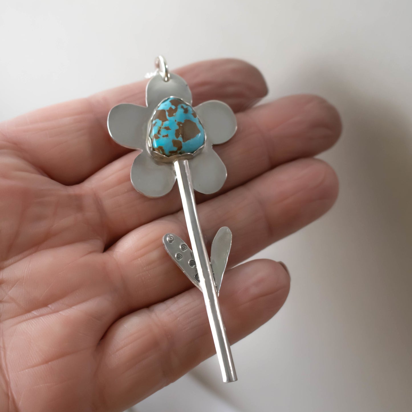 Sterling Silver Spring Flower Necklace With Pilot Mountain Turquoise Stone-Womens-LittleGreenRoomJewelry-LittleGreenRoomJewelry