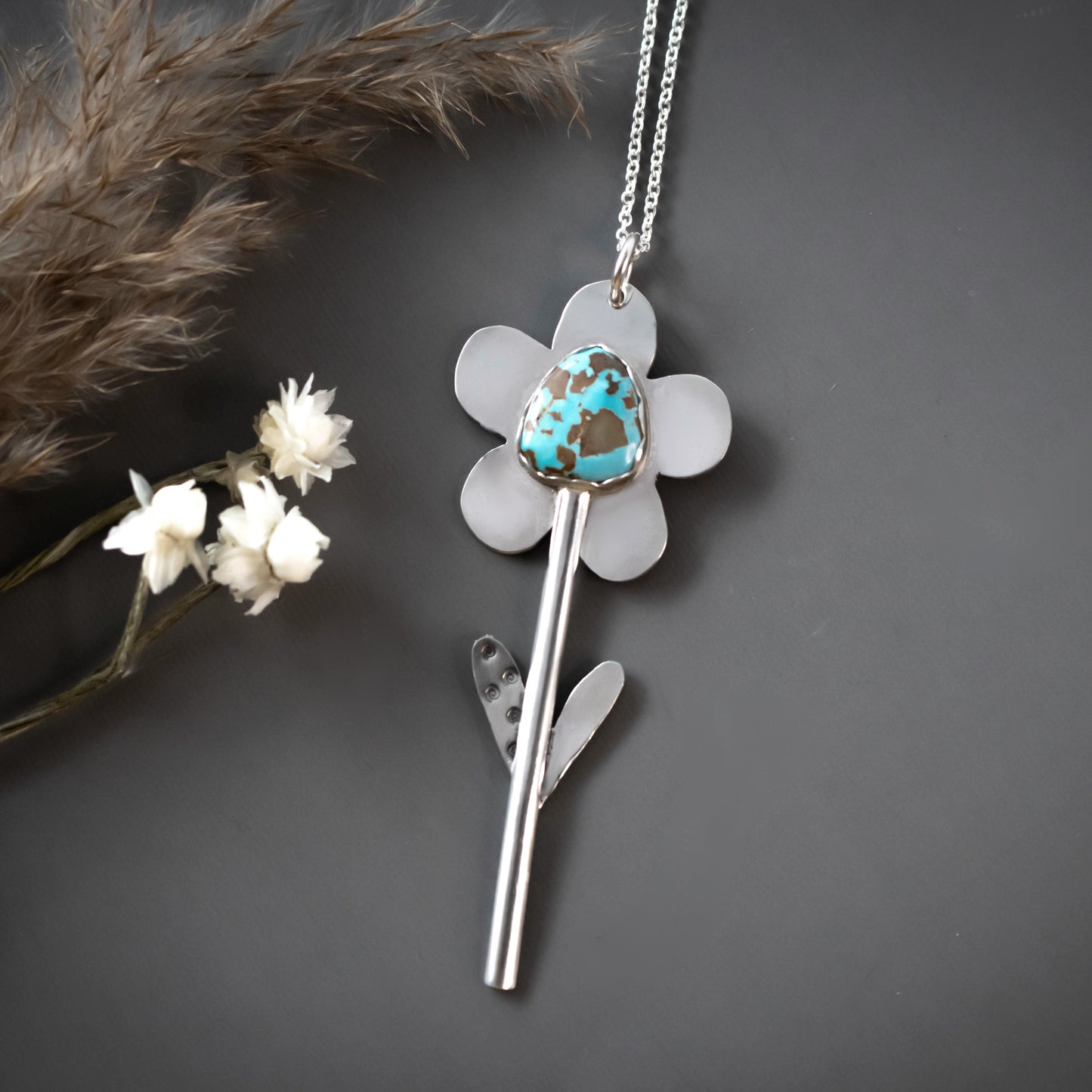 Sterling Silver Spring Flower Necklace With Pilot Mountain Turquoise Stone-Womens-LittleGreenRoomJewelry-LittleGreenRoomJewelry