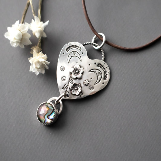 Flower Moon Heart Abalone Necklace-Womens-LittleGreenRoomJewelry-LittleGreenRoomJewelry