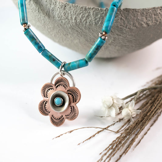 Blue Turquoise Copper Floral Southwest Necklace-Womens-LittleGreenRoomJewelry-LittleGreenRoomJewelry