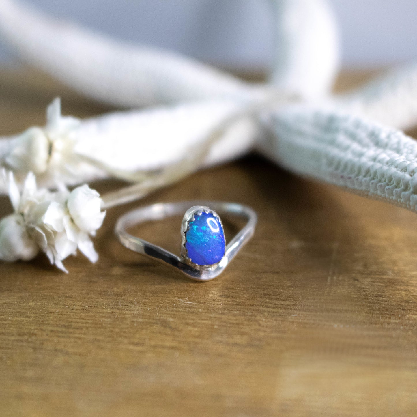 Blue Flash Australian Opal Chevron Ring-Womens-LittleGreenRoomJewelry-LittleGreenRoomJewelry