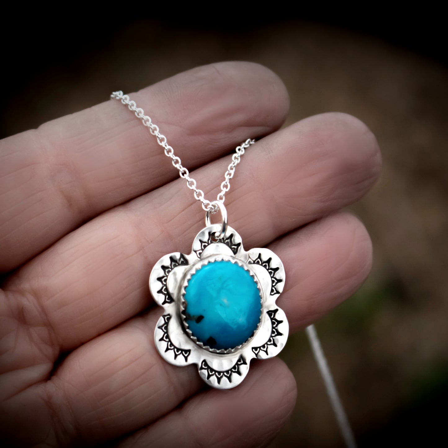 Forever Blue Persian Turquoise Sterling Silver Flower Necklace-Womens-LittleGreenRoomJewelry-LittleGreenRoomJewelry