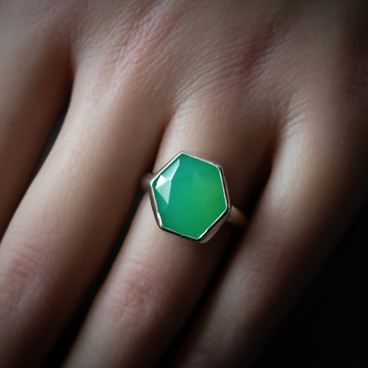 Green Chrysoprase Hexagon Statement Ring Size 7-Womens-LittleGreenRoomJewelry-LittleGreenRoomJewelry