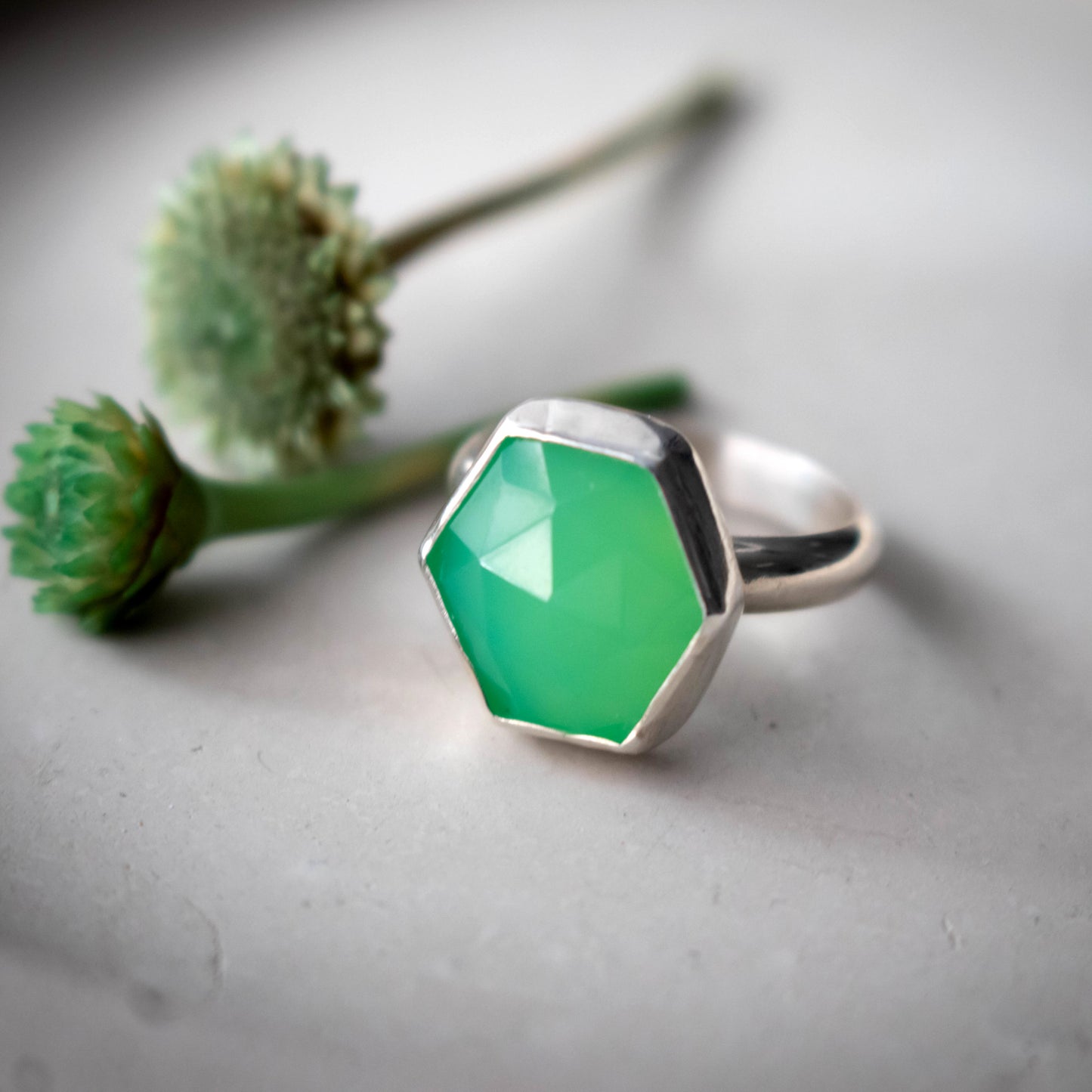 Green Chrysoprase Hexagon Statement Ring Size 7-Womens-LittleGreenRoomJewelry-LittleGreenRoomJewelry