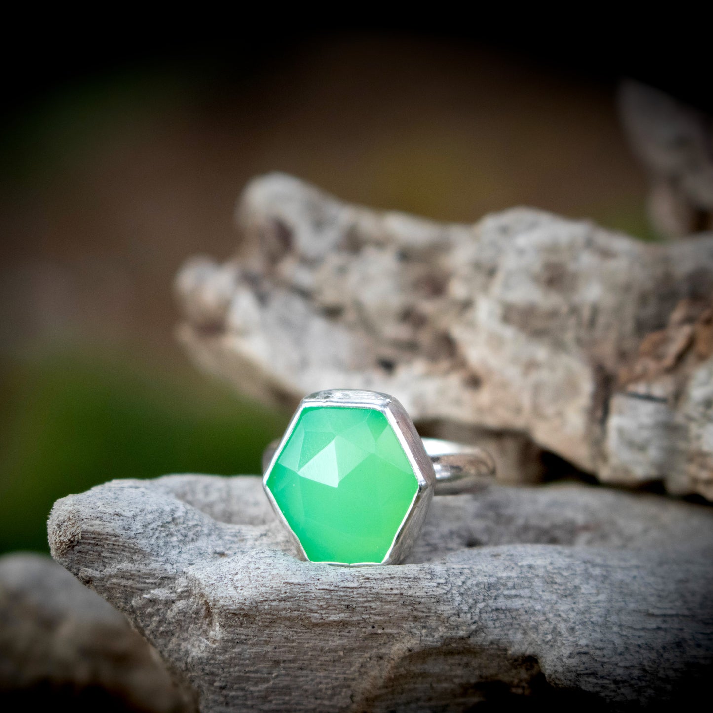 Green Chrysoprase Hexagon Statement Ring Size 7-Womens-LittleGreenRoomJewelry-LittleGreenRoomJewelry