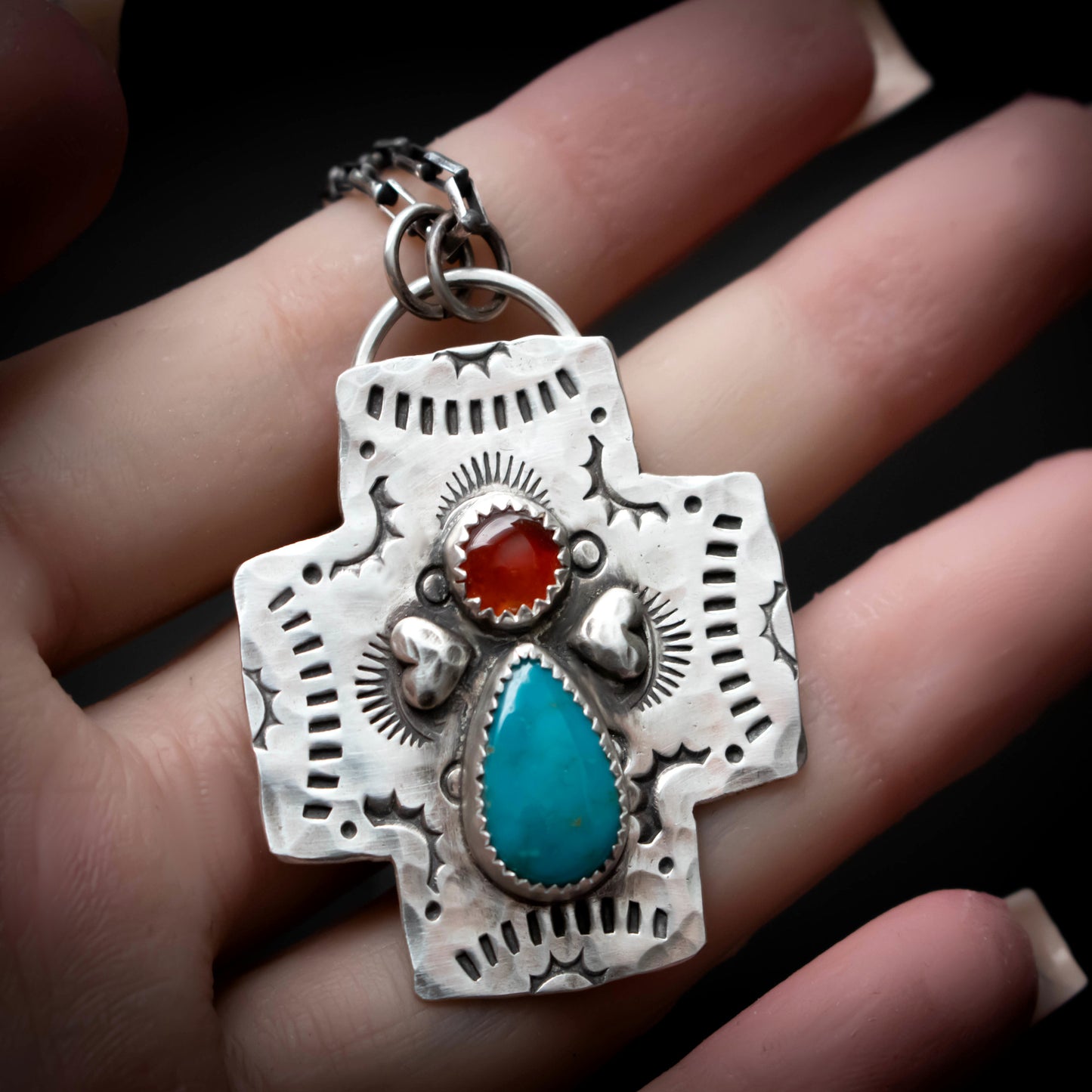 Love And Faith Carnelian Turquoise Heart Cross Necklace-Womens-LittleGreenRoomJewelry-LittleGreenRoomJewelry