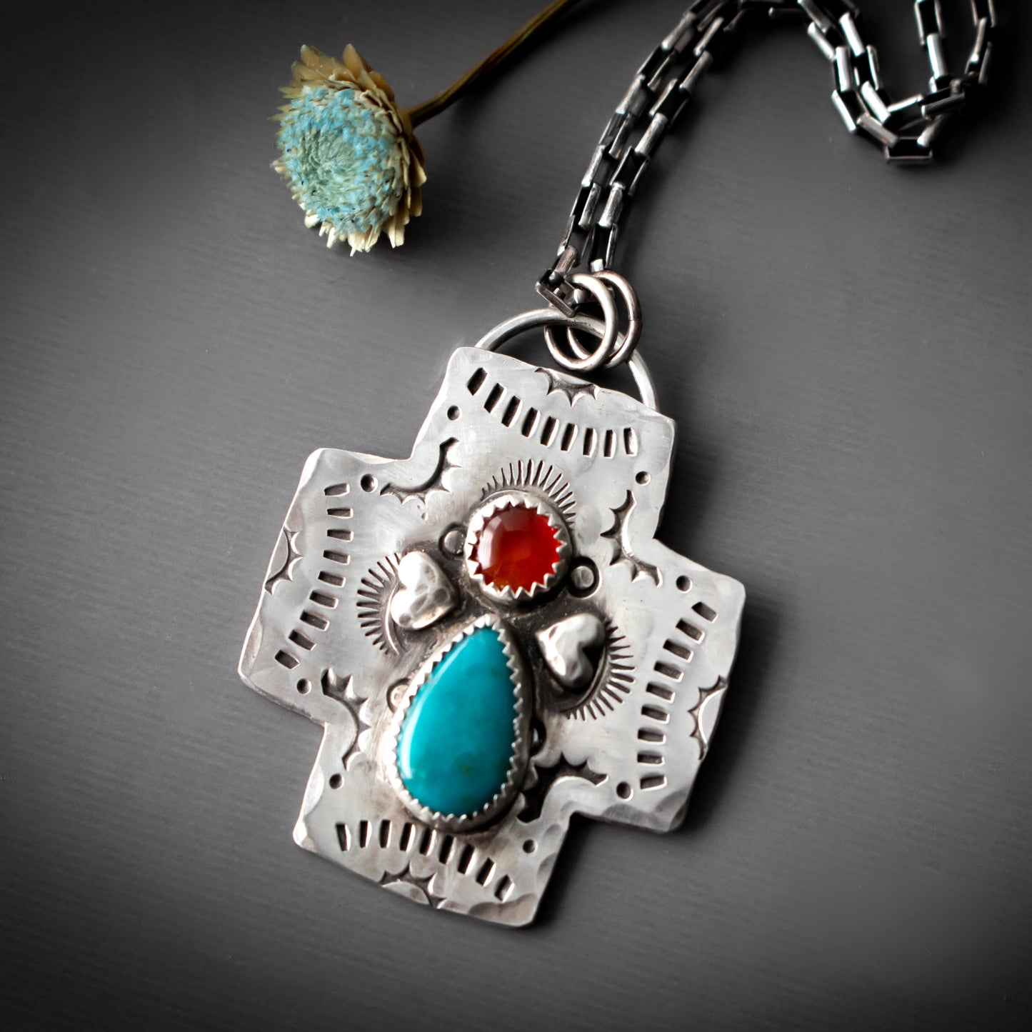 Love And Faith Carnelian Turquoise Heart Cross Necklace-Womens-LittleGreenRoomJewelry-LittleGreenRoomJewelry