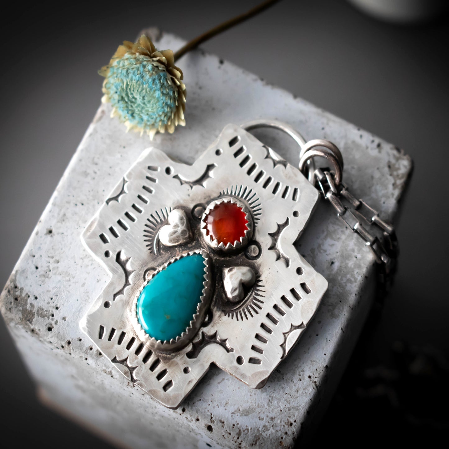 Love And Faith Carnelian Turquoise Heart Cross Necklace-Womens-LittleGreenRoomJewelry-LittleGreenRoomJewelry