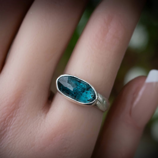 Deep Blue Ocean Moss Teal Faceted Kyanite Statement Ring-Womens-LittleGreenRoomJewelry-LittleGreenRoomJewelry