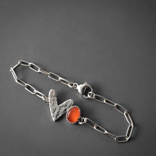 Sterling Silver Hammered Heart And Carnelian Link Chain Bracelet-Womens-LittleGreenRoomJewelry-LittleGreenRoomJewelry