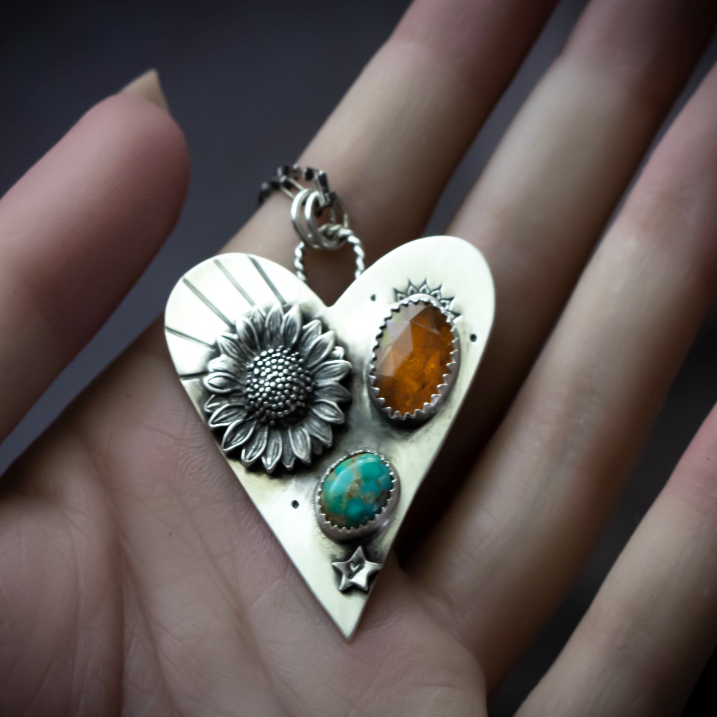 Beloved Sunflower Turquoise And Orange Kyanite Heart Necklace-Womens-LittleGreenRoomJewelry-LittleGreenRoomJewelry
