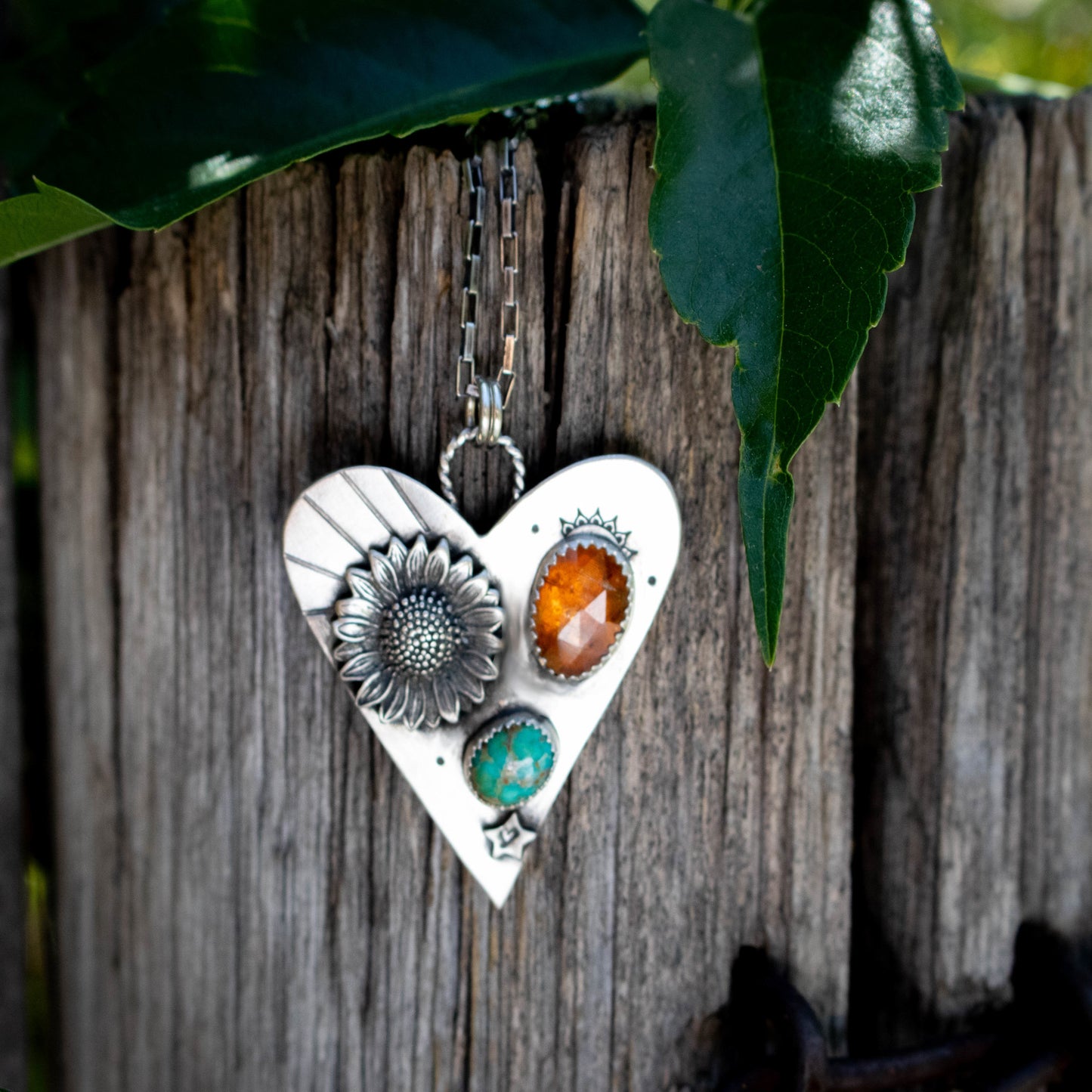 Beloved Sunflower Turquoise And Orange Kyanite Heart Necklace-Womens-LittleGreenRoomJewelry-LittleGreenRoomJewelry