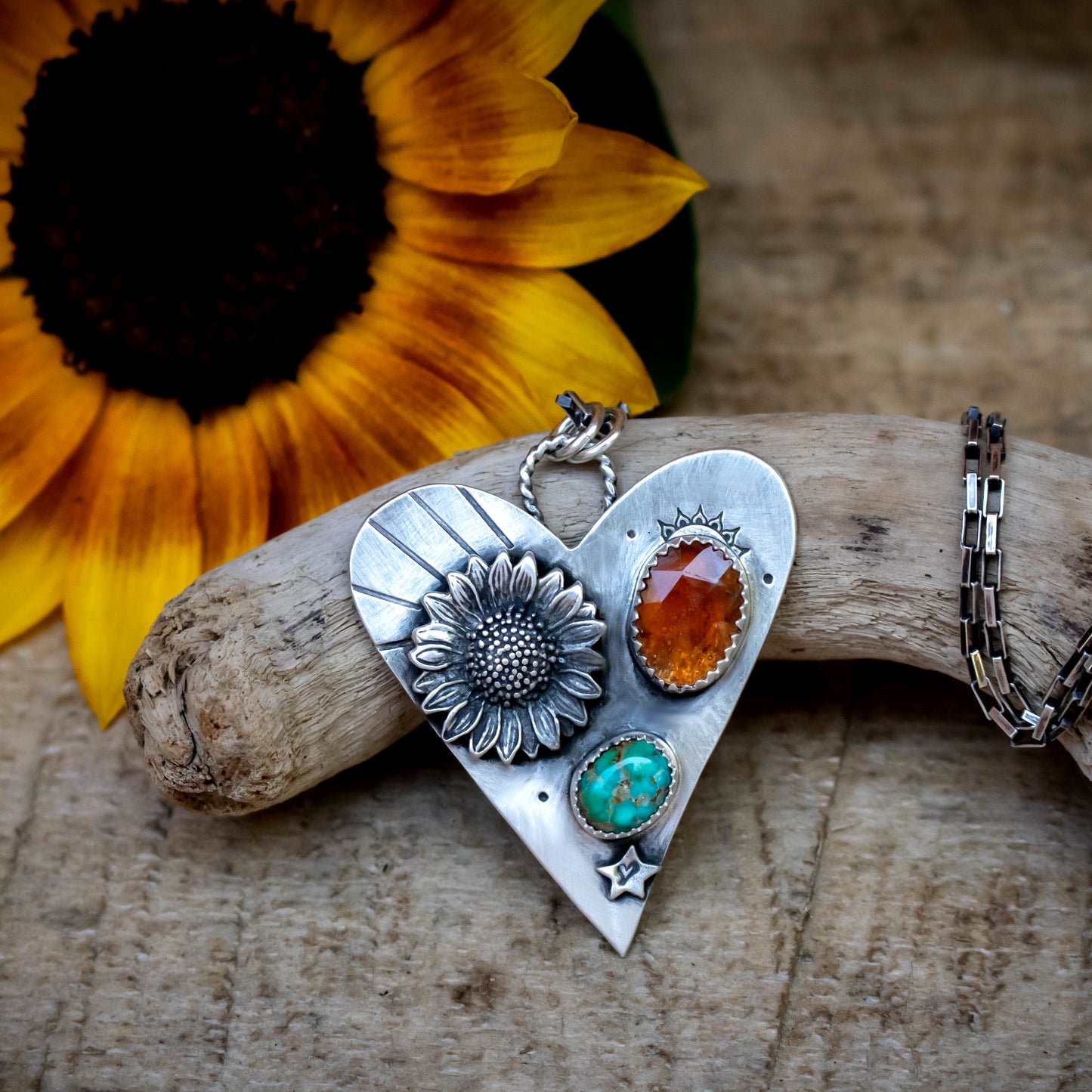 Beloved Sunflower Turquoise And Orange Kyanite Heart Necklace-Womens-LittleGreenRoomJewelry-LittleGreenRoomJewelry