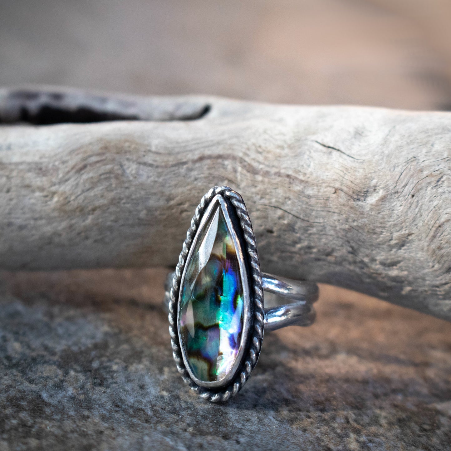 Ocean Tide Faceted Abalone Ring Size 7-Womens-LittleGreenRoomJewelry-LittleGreenRoomJewelry