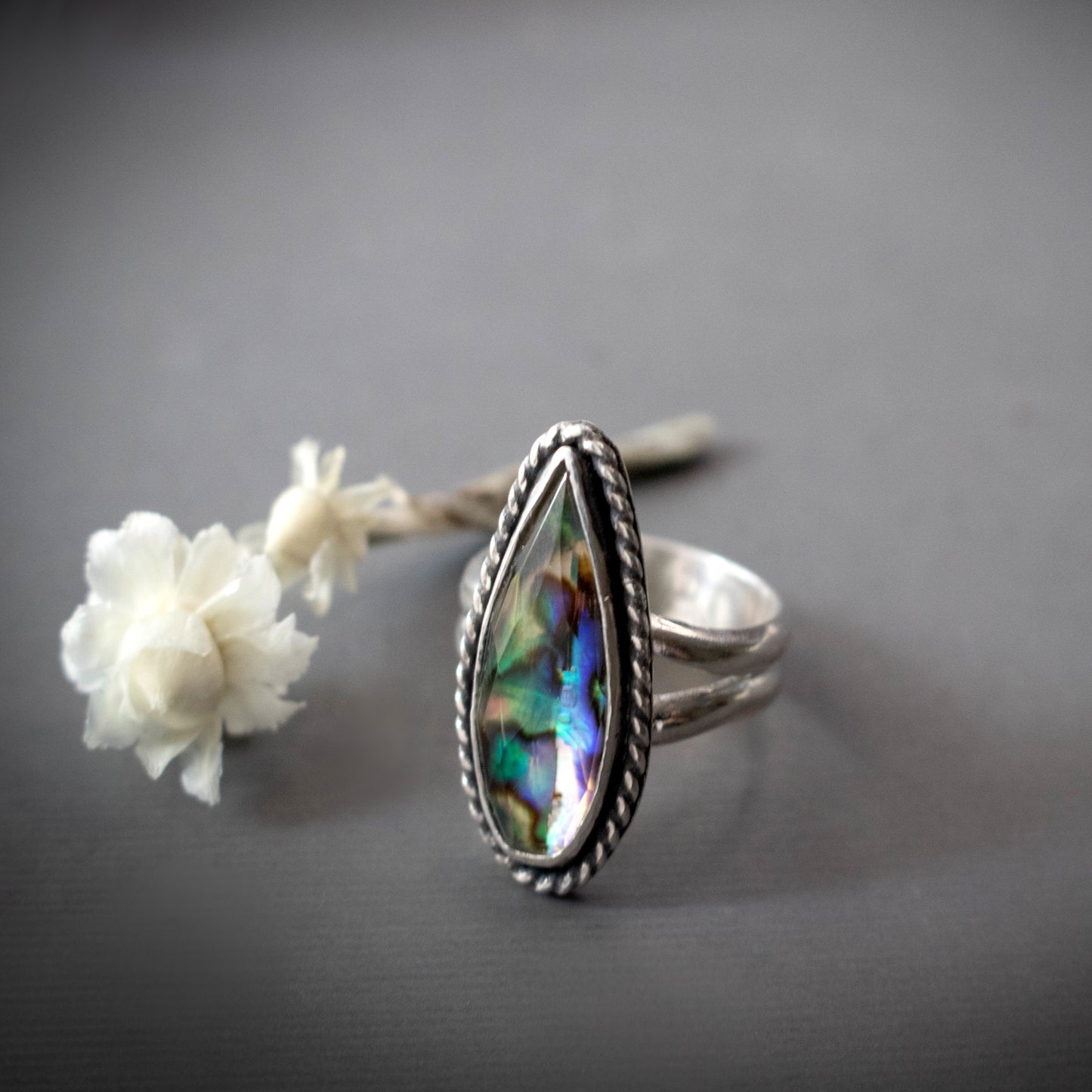 Ocean Tide Faceted Abalone Ring Size 7-Womens-LittleGreenRoomJewelry-LittleGreenRoomJewelry
