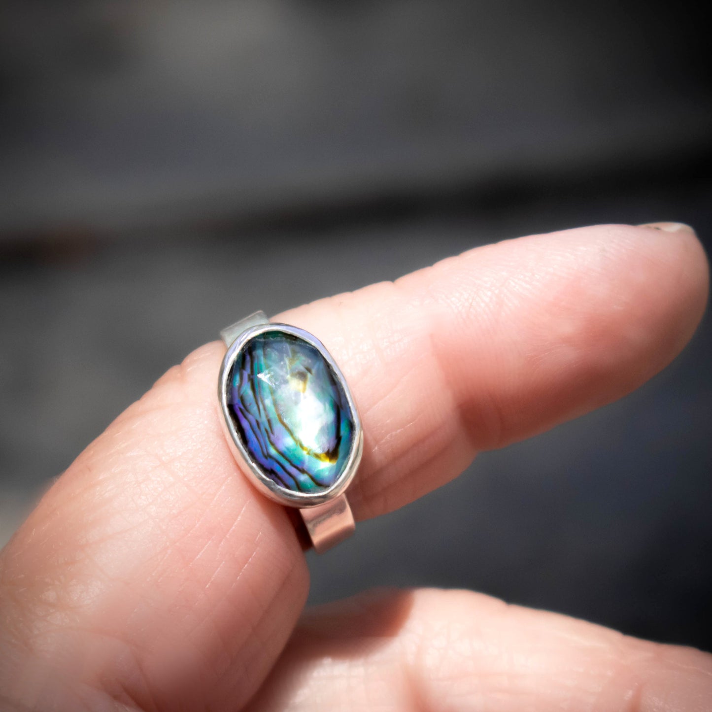 SAVED FOR RAMONA Oval Size 7 Abalone Sterling Silver Stack Ring-Womens-LittleGreenRoomJewelry-LittleGreenRoomJewelry