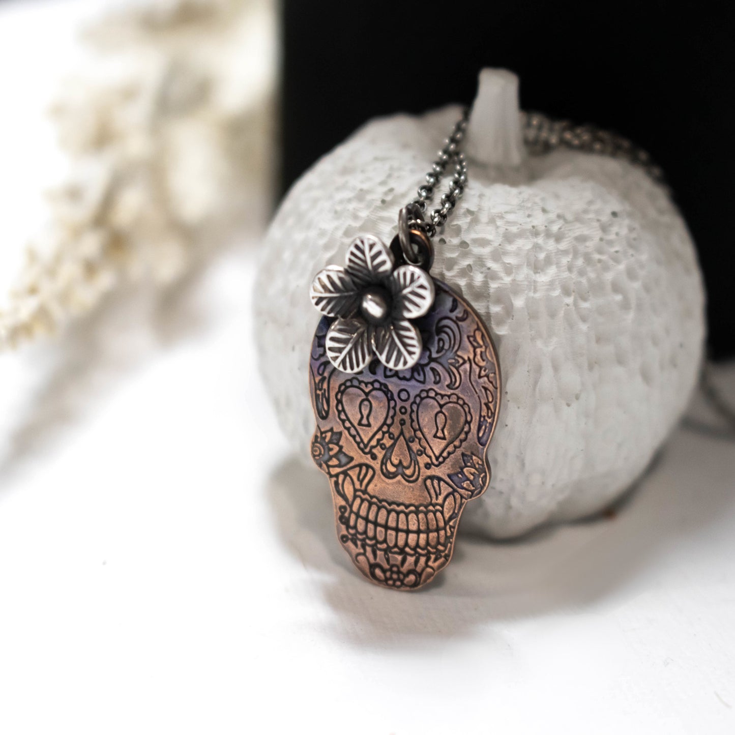 Copper Sugar Skull Necklace-Womens-LittleGreenRoomJewelry-LittleGreenRoomJewelry