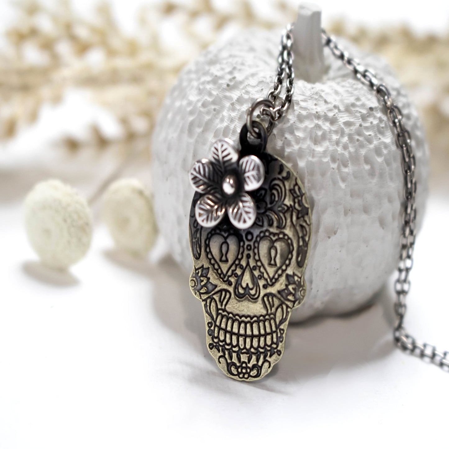 Sterling Silver And Brass Sugar Skull Necklace-Womens-LittleGreenRoomJewelry-LittleGreenRoomJewelry