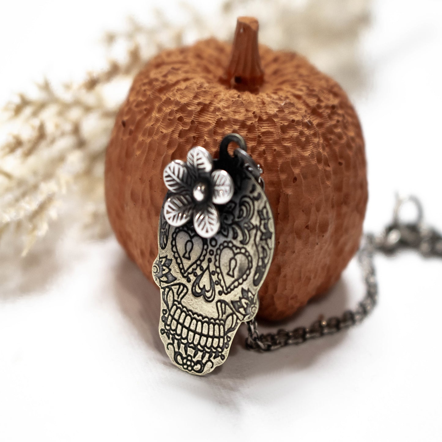 Sterling Silver And Brass Sugar Skull Necklace-Womens-LittleGreenRoomJewelry-LittleGreenRoomJewelry