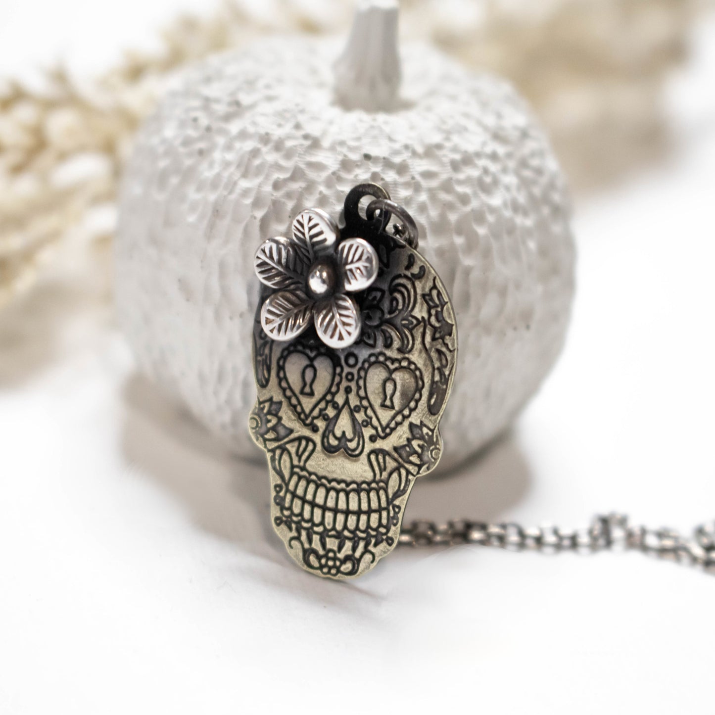 Sterling Silver And Brass Sugar Skull Necklace-Womens-LittleGreenRoomJewelry-LittleGreenRoomJewelry