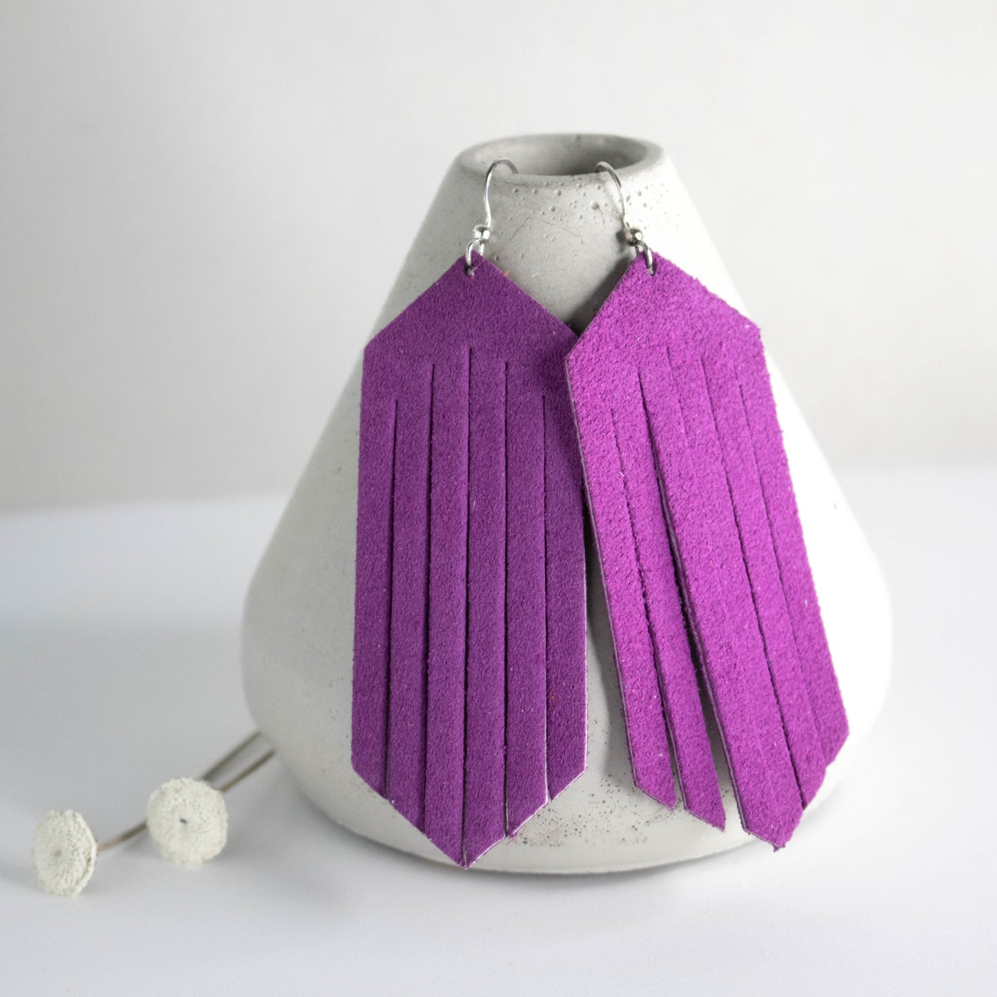 Orchid Purple Leather Fringe Earrings-Womens-LittleGreenRoomJewelry-LittleGreenRoomJewelry