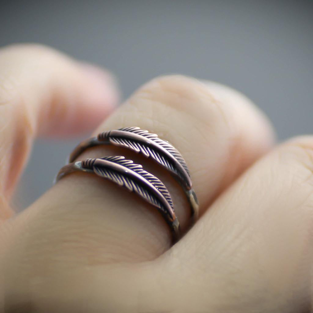 Boho Feather Stacking Ring- Antiqued Feather Womens Ring-Womens Rustic-LittleGreenRoomJewelry-LittleGreenRoomJewelry