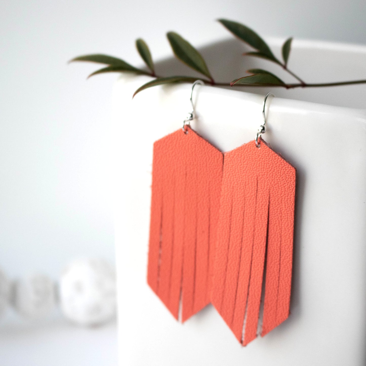 Southwestern Coral Leather Fringe Earrings-Womens-LittleGreenRoomJewelry-LittleGreenRoomJewelry