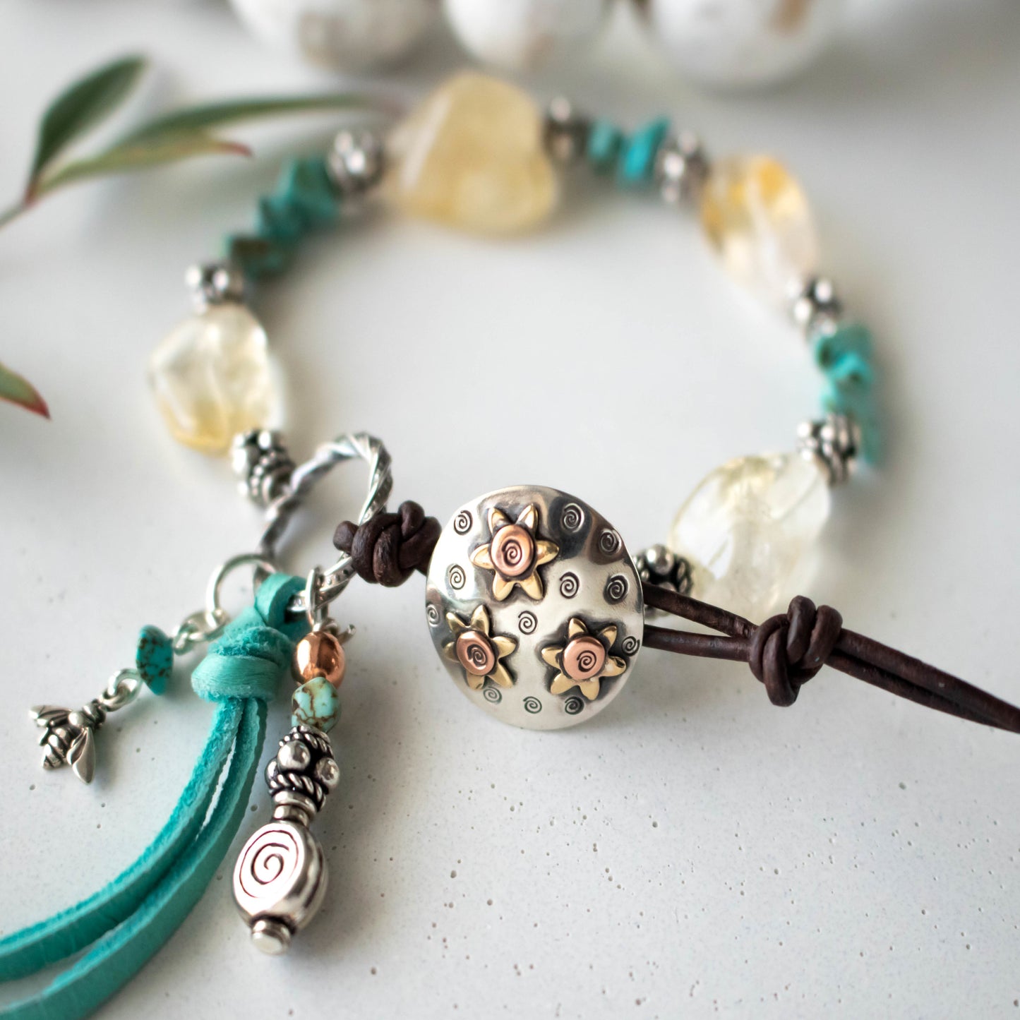 Citrine And Turquoise Sunflower Bracelet-Womens-LittleGreenRoomJewelry-LittleGreenRoomJewelry