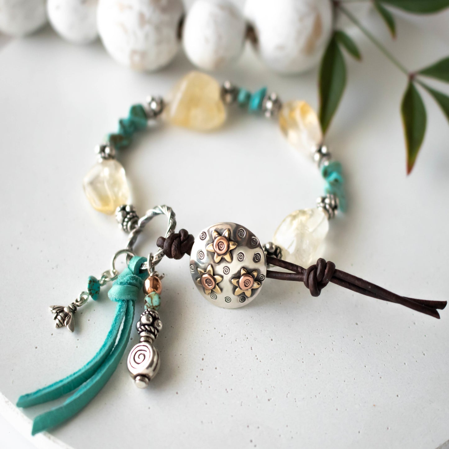 Citrine And Turquoise Sunflower Bracelet-Womens-LittleGreenRoomJewelry-LittleGreenRoomJewelry