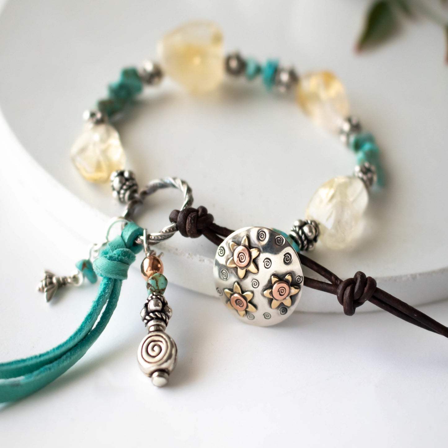 Citrine And Turquoise Sunflower Bracelet-Womens-LittleGreenRoomJewelry-LittleGreenRoomJewelry