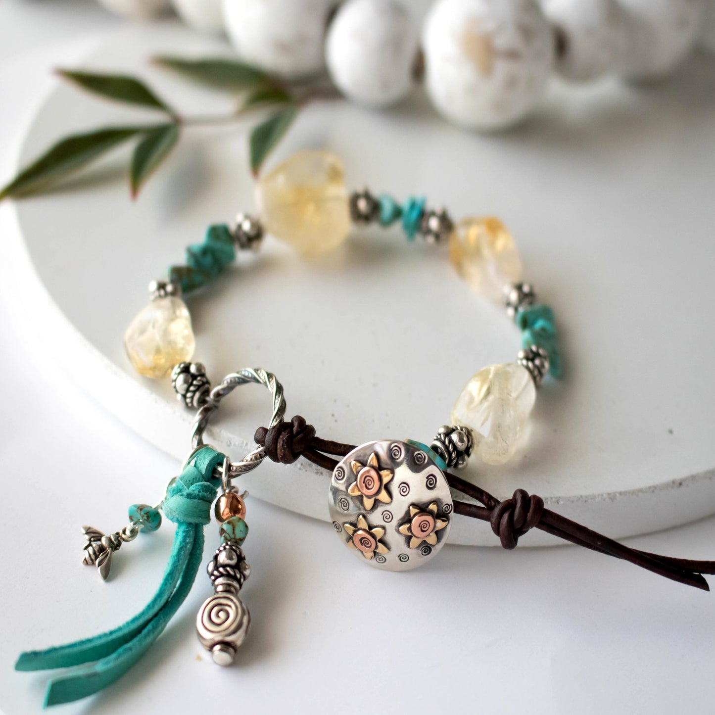 Citrine And Turquoise Sunflower Bracelet-Womens-LittleGreenRoomJewelry-LittleGreenRoomJewelry
