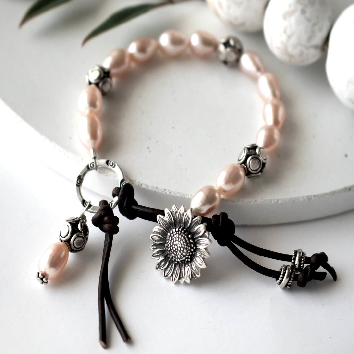 Freshwater Pearl Sunflower Artisan Bracelet-Womens-LittleGreenRoomJewelry-LittleGreenRoomJewelry