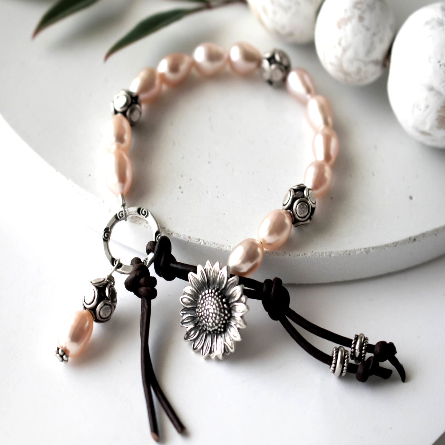 Freshwater Pearl Sunflower Artisan Bracelet-Womens-LittleGreenRoomJewelry-LittleGreenRoomJewelry