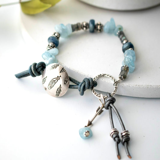 Aquamarine And Labradorite Sterling Feather Bracelet-Womens-LittleGreenRoomJewelry-LittleGreenRoomJewelry