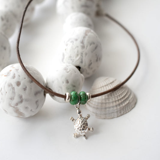Sterling Silver Turtle Leather Ankle Bracelet-Womens-LittleGreenRoomJewelry-LittleGreenRoomJewelry