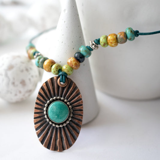 Southwestern Turquoise Leather Necklace-Womens-LittleGreenRoomJewelry-LittleGreenRoomJewelry
