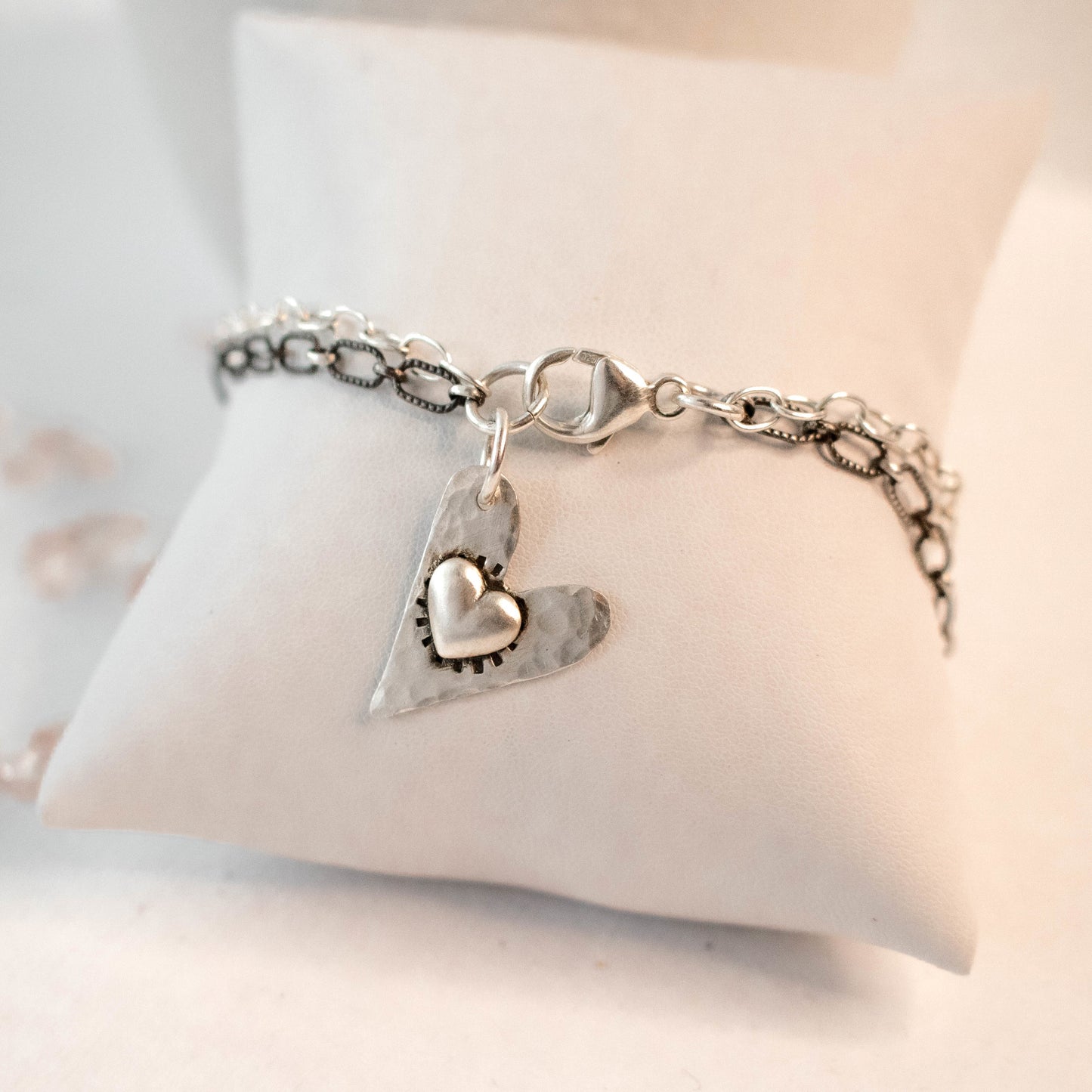 Sterling Hammered Heart Link Chain Charm Bracelet-Womens-LittleGreenRoomJewelry-LittleGreenRoomJewelry