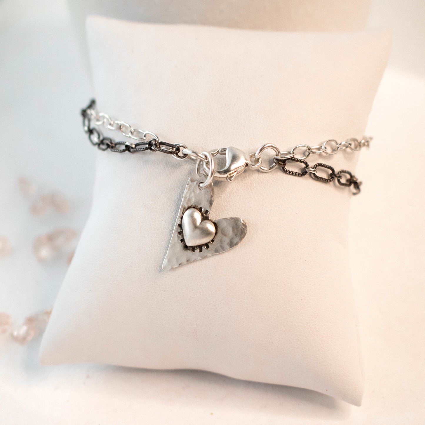 Sterling Hammered Heart Link Chain Charm Bracelet-Womens-LittleGreenRoomJewelry-LittleGreenRoomJewelry