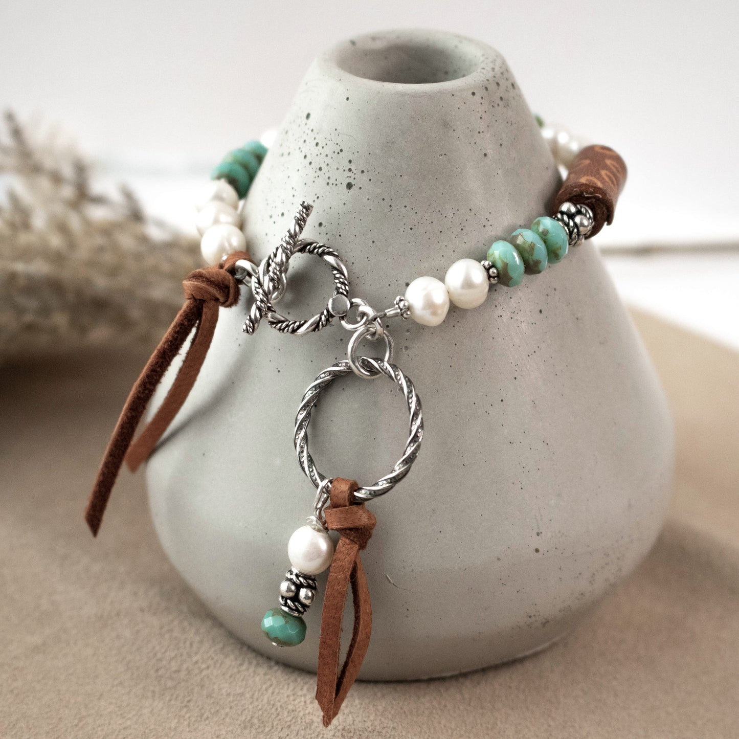 Leather Leaf Fresh Water Pearl Turquoise Bracelet-Womens-LittleGreenRoomJewelry-LittleGreenRoomJewelry