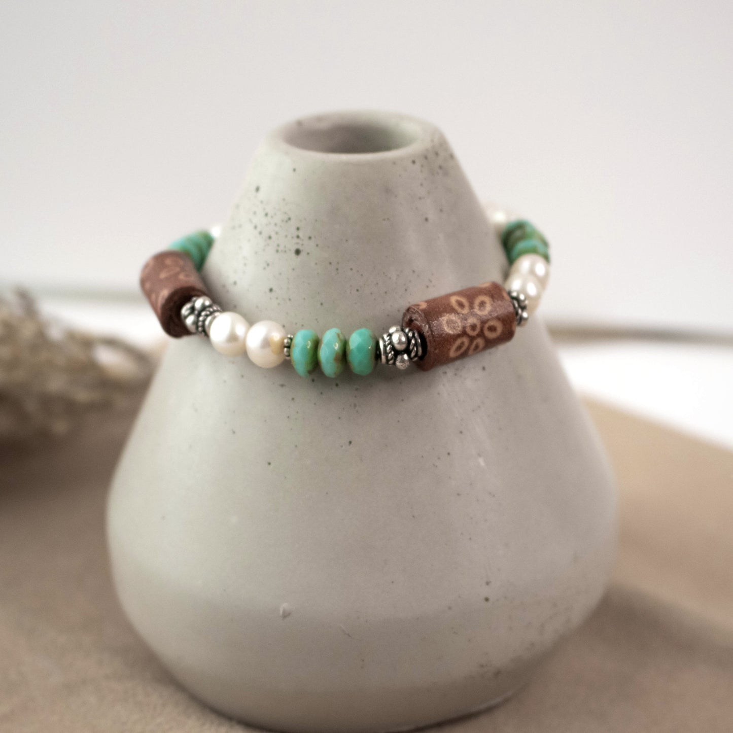 Leather Leaf Fresh Water Pearl Turquoise Bracelet-Womens-LittleGreenRoomJewelry-LittleGreenRoomJewelry